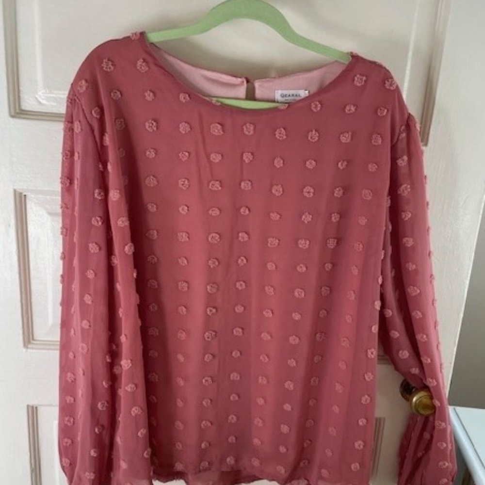 Rose color, Swiss dotted, semi-sheer, lined blouse. XXL